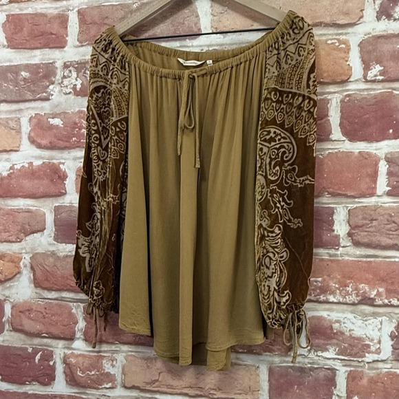 Soft Surroundings Top Women's XL Brown Boho Floral Velvet Burnout Sleeve Shirt - Picture 3 of 8